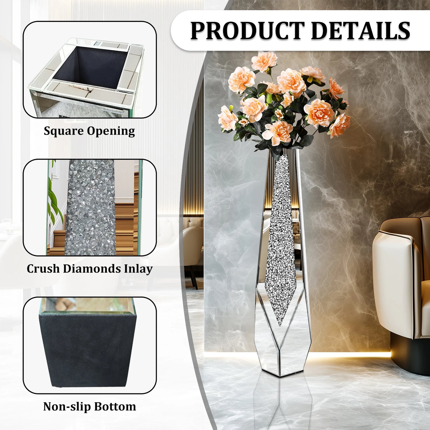 Tall Floor Mirror Vase Large Crushed Diamond Glass Vase for Home Decor Modern Crystal Centerpiece for Living Room Wedding Hotel - Sales Savvy Shop