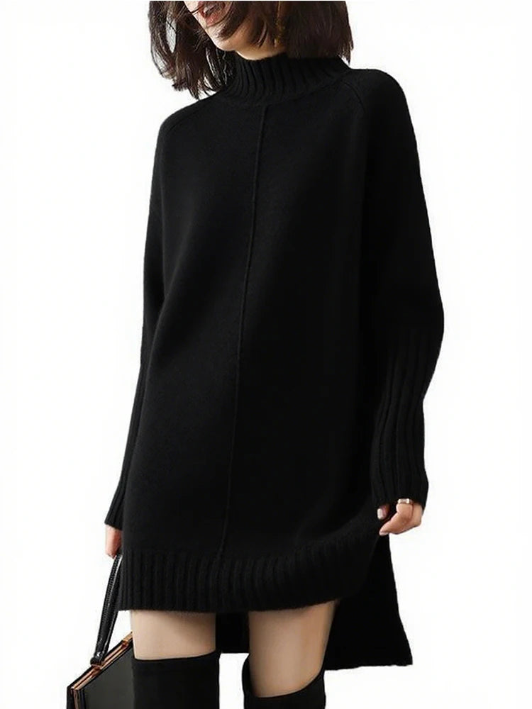Women Black Long Sleeve Knit Sweater Dress Half Turtleneck - Sales Savvy Shop