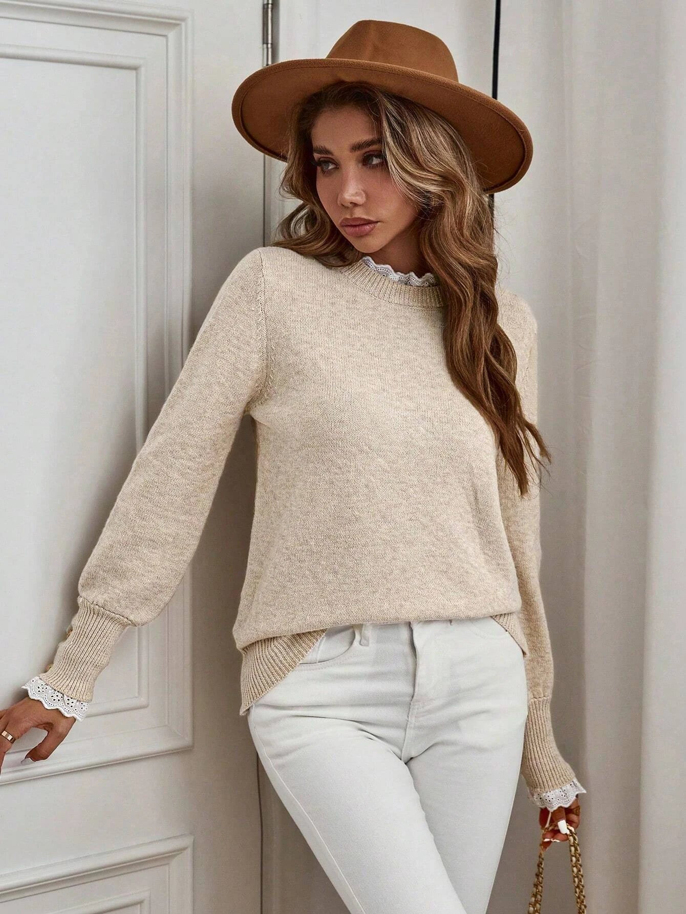 Autumn Winter Knit Top Lace Patchwork High Neck For Women - Sales Savvy Shop