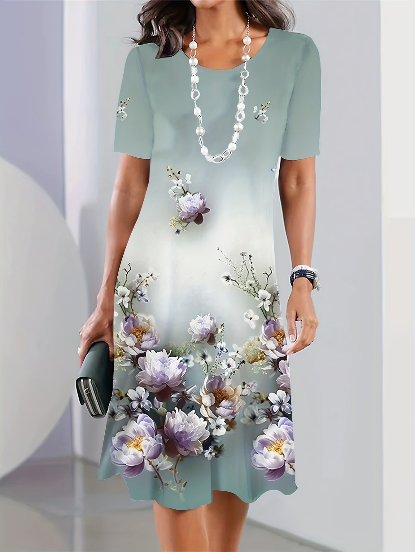 Plus Size Women's Fashionable Casual Loose Dress Short Sleeved Printed Round Neck Mid Length Skirt - Sales Savvy Shop