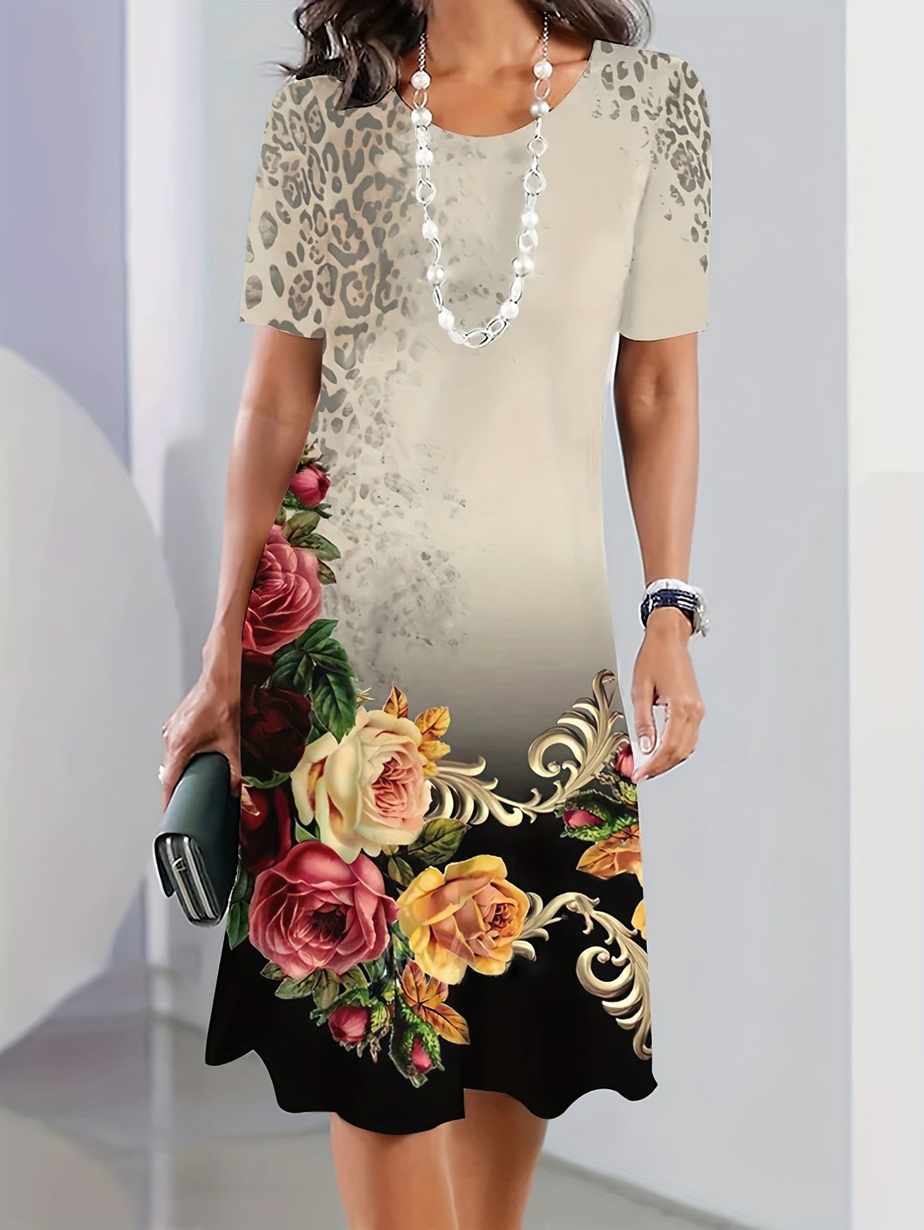 Plus Size Women's Fashionable Casual Loose Dress Short Sleeved Printed Round Neck Mid Length Skirt - Sales Savvy Shop