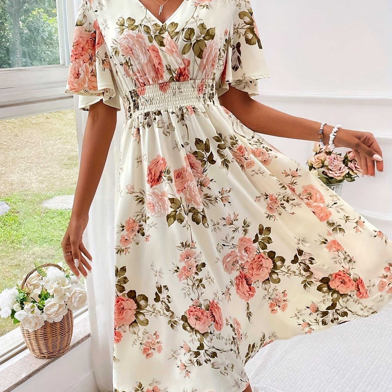Women Floral Print Cinching Waist Maxi Dress Vacation Beach Outfit - Sales Savvy Shop