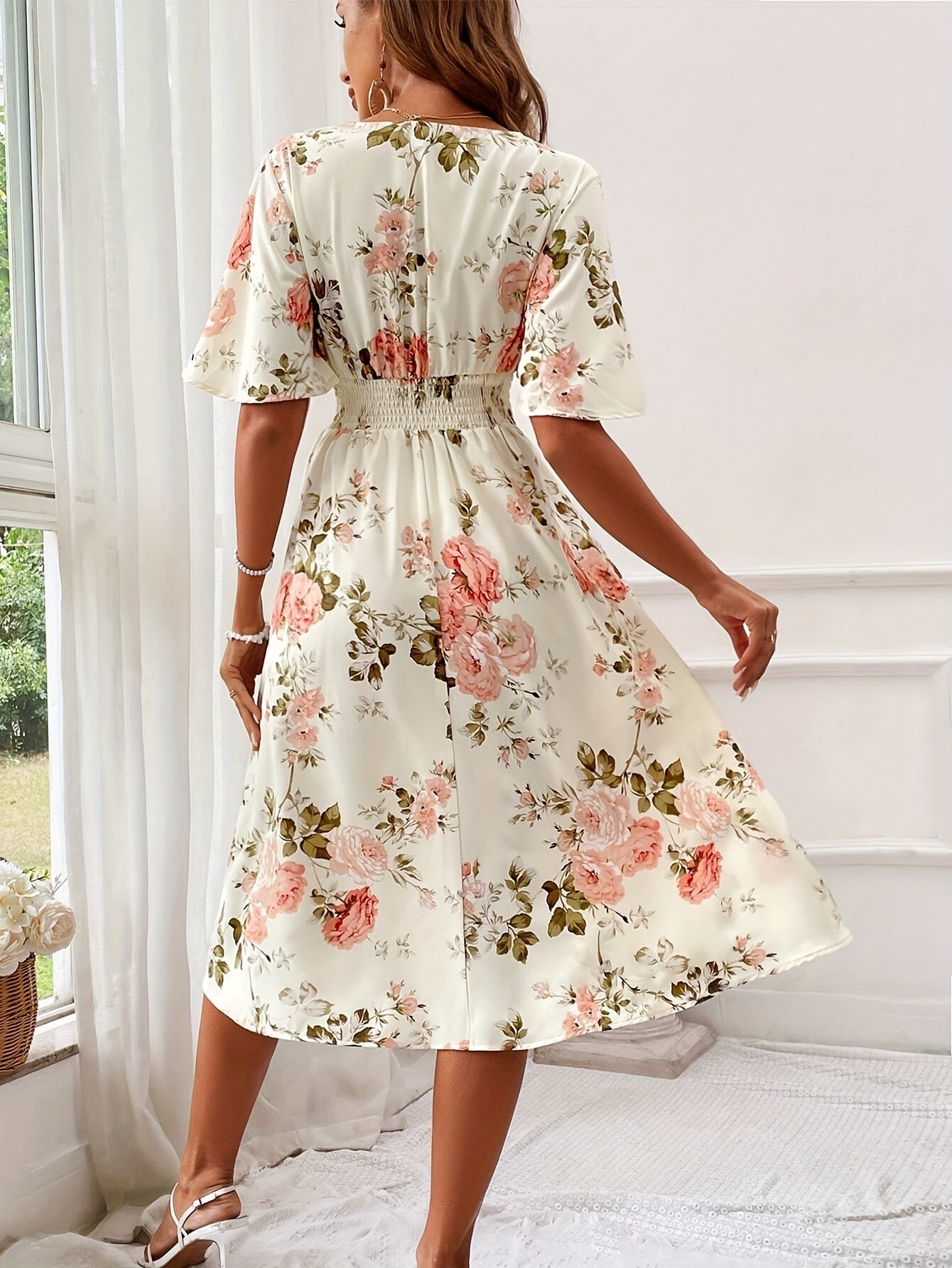Women Floral Print Cinching Waist Maxi Dress Vacation Beach Outfit - Sales Savvy Shop