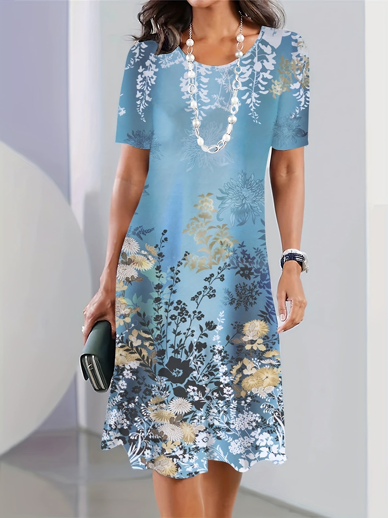 Plus Size Women's Fashionable Casual Loose Dress Short Sleeved Printed Round Neck Mid Length Skirt - Sales Savvy Shop