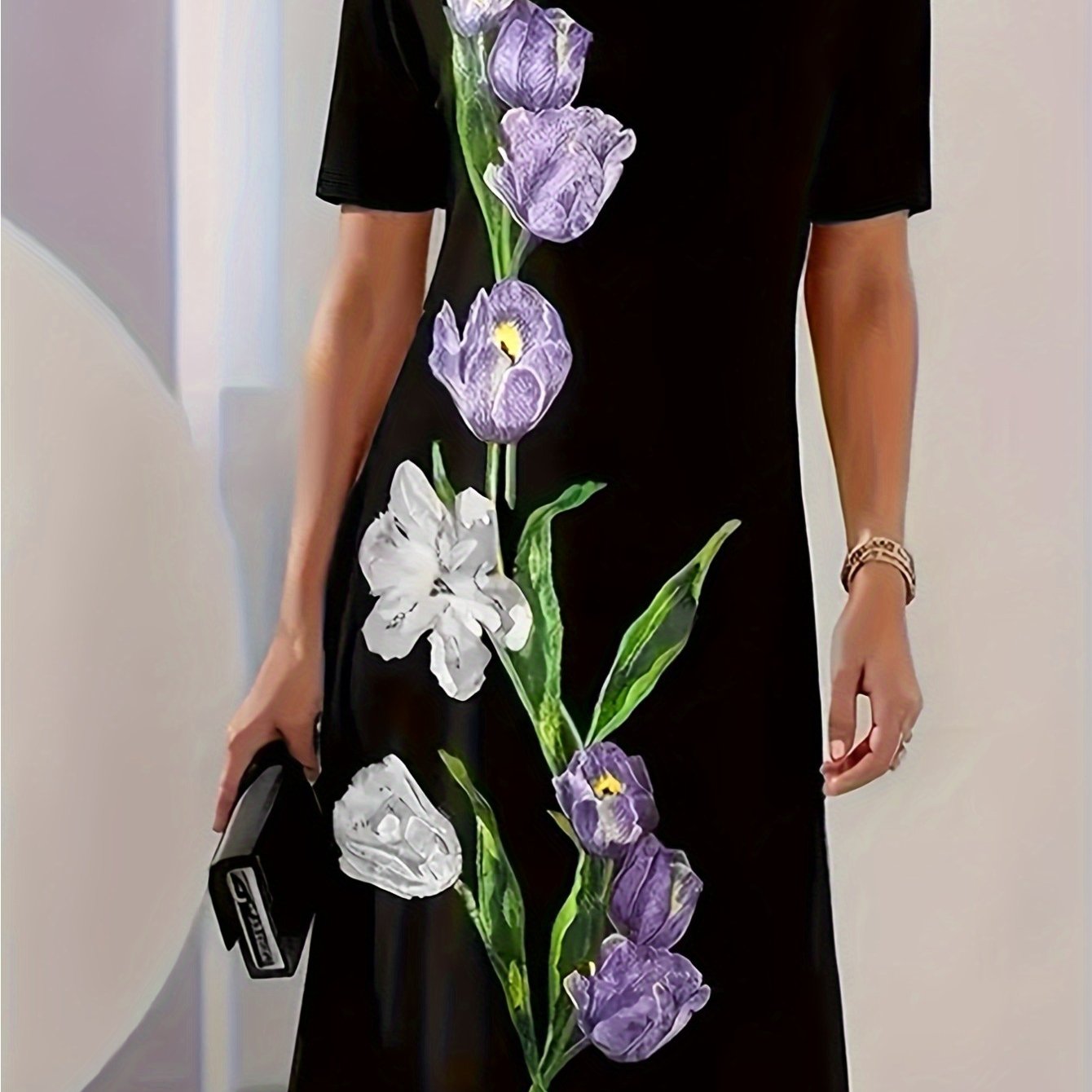 Floral Crew Neck Short Sleeve Elegant Dress for Women - Spring and Summer Commuter Style - Sales Savvy Shop
