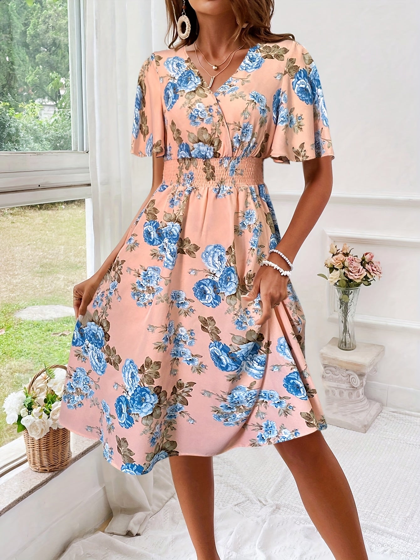Women Floral Print Cinching Waist Maxi Dress Vacation Beach Outfit - Sales Savvy Shop
