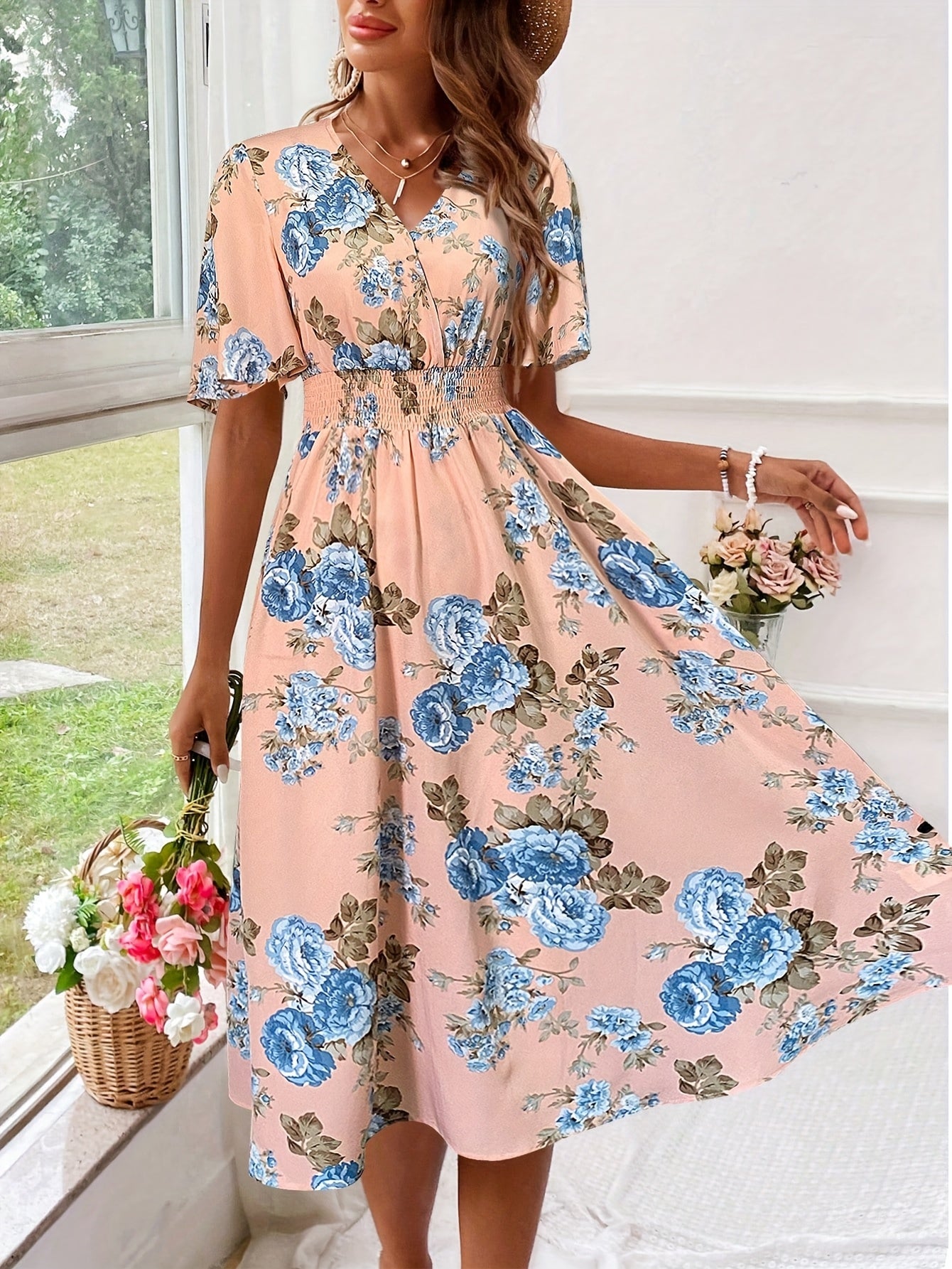 Women Floral Print Cinching Waist Maxi Dress Vacation Beach Outfit - Sales Savvy Shop