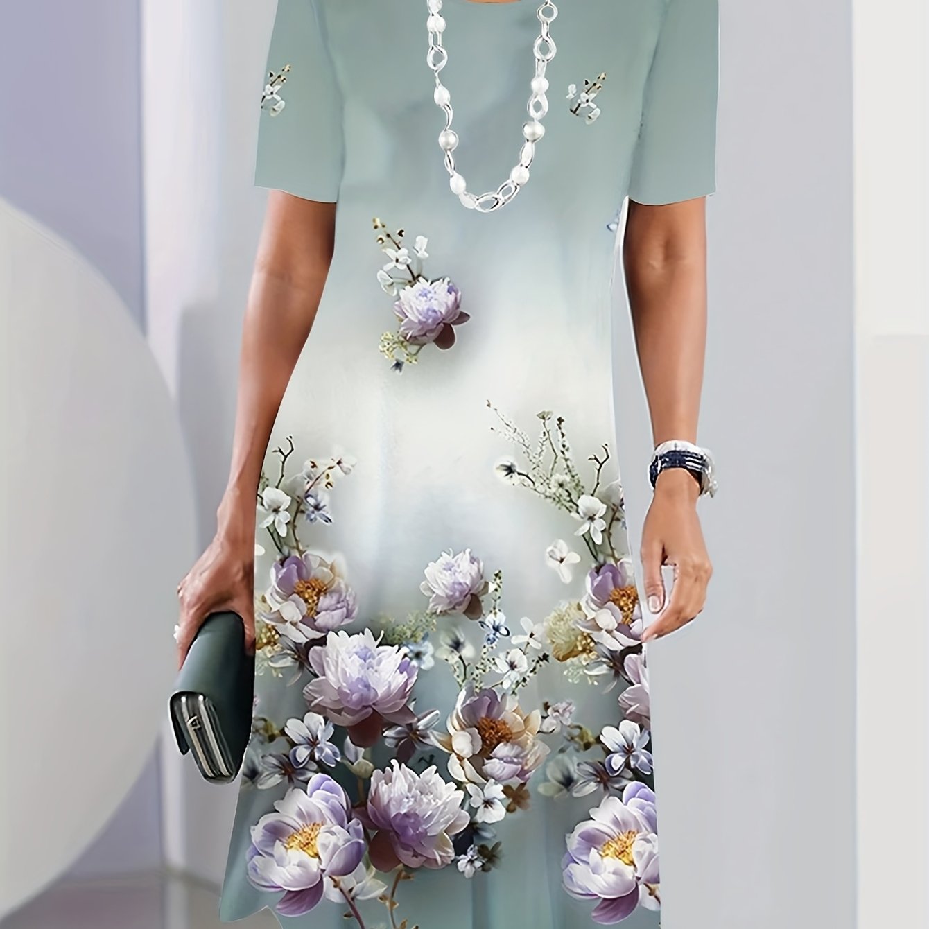 Plus Size Women's Fashionable Casual Loose Dress Short Sleeved Printed Round Neck Mid Length Skirt - Sales Savvy Shop