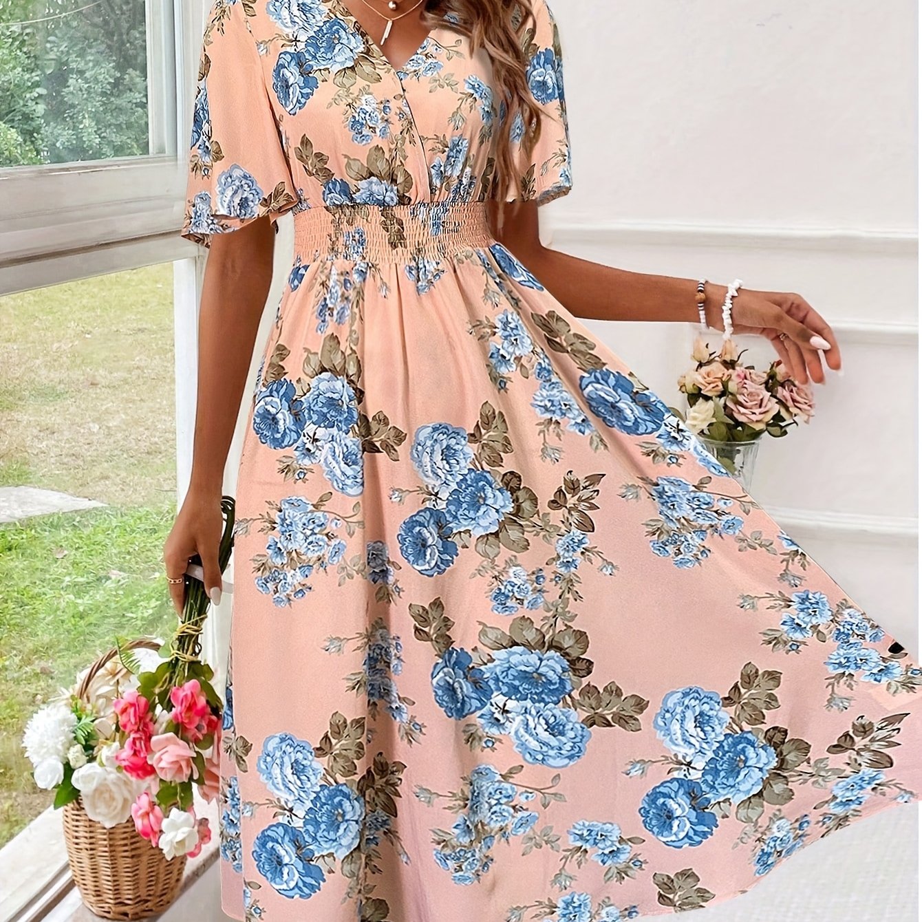 Women Floral Print Cinching Waist Maxi Dress Vacation Beach Outfit - Sales Savvy Shop