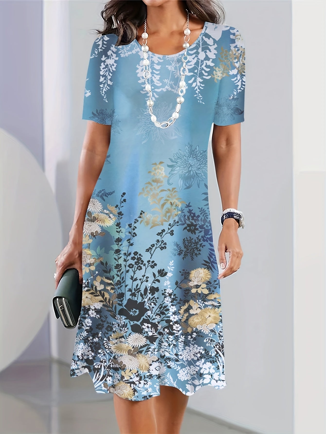 Plus Size Women's Fashionable Casual Loose Dress Short Sleeved Printed Round Neck Mid Length Skirt - Sales Savvy Shop