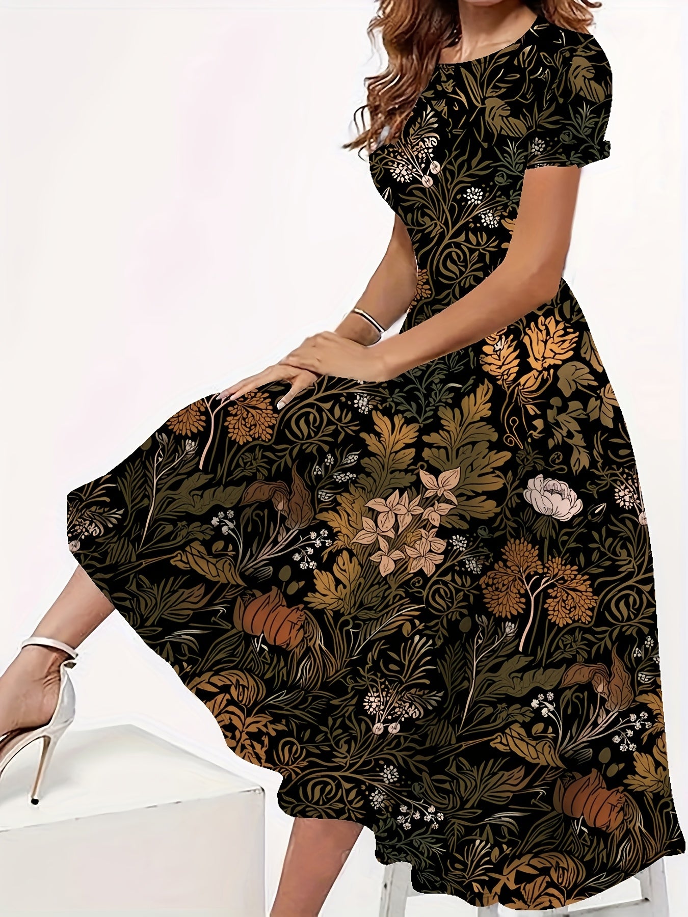 Elegant Plus Size Women's Long Sleeve Floral Print Dress Stretchy Polyester Machine Washable Loose Fit Flowy Long Length All Season Comfort Cozy Long Sleeve Dress Versatile Fashion Nontransparent Fabric - Sales Savvy Shop