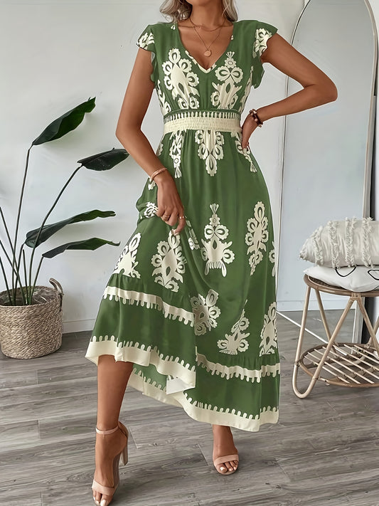 V Neck Trimmed Slim Fit Short Sleeved Belted Satin Ribbon Hem A Line Casual Women's Vacation Dress