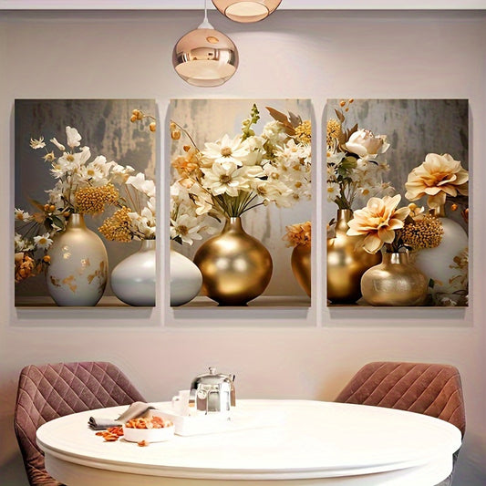 2D Flat Canvas Modern Wood Framed Wall Decor Elegant Golden and White Flowers Ideal for Living Room Bedroom Office Chic Home Decor Gift Decorative Centerpiece Modern Floral Art Wooden Frame Home Decor and Accessories