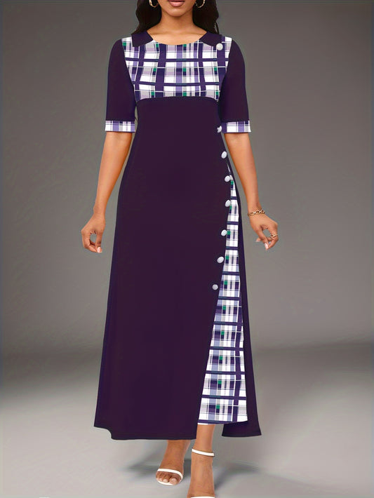 Women's Casual A-Line Dress with Geometric Plaid Color Block Design and Button Detail Mid Sleeve Irregular Hem Long Dress Machine Washable All-Season Comfort
