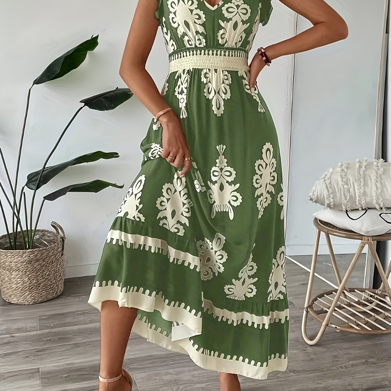 V Neck Trimmed Slim Fit Short Sleeved Belted Satin Ribbon Hem A Line Casual Women's Vacation Dress - Sales Savvy Shop