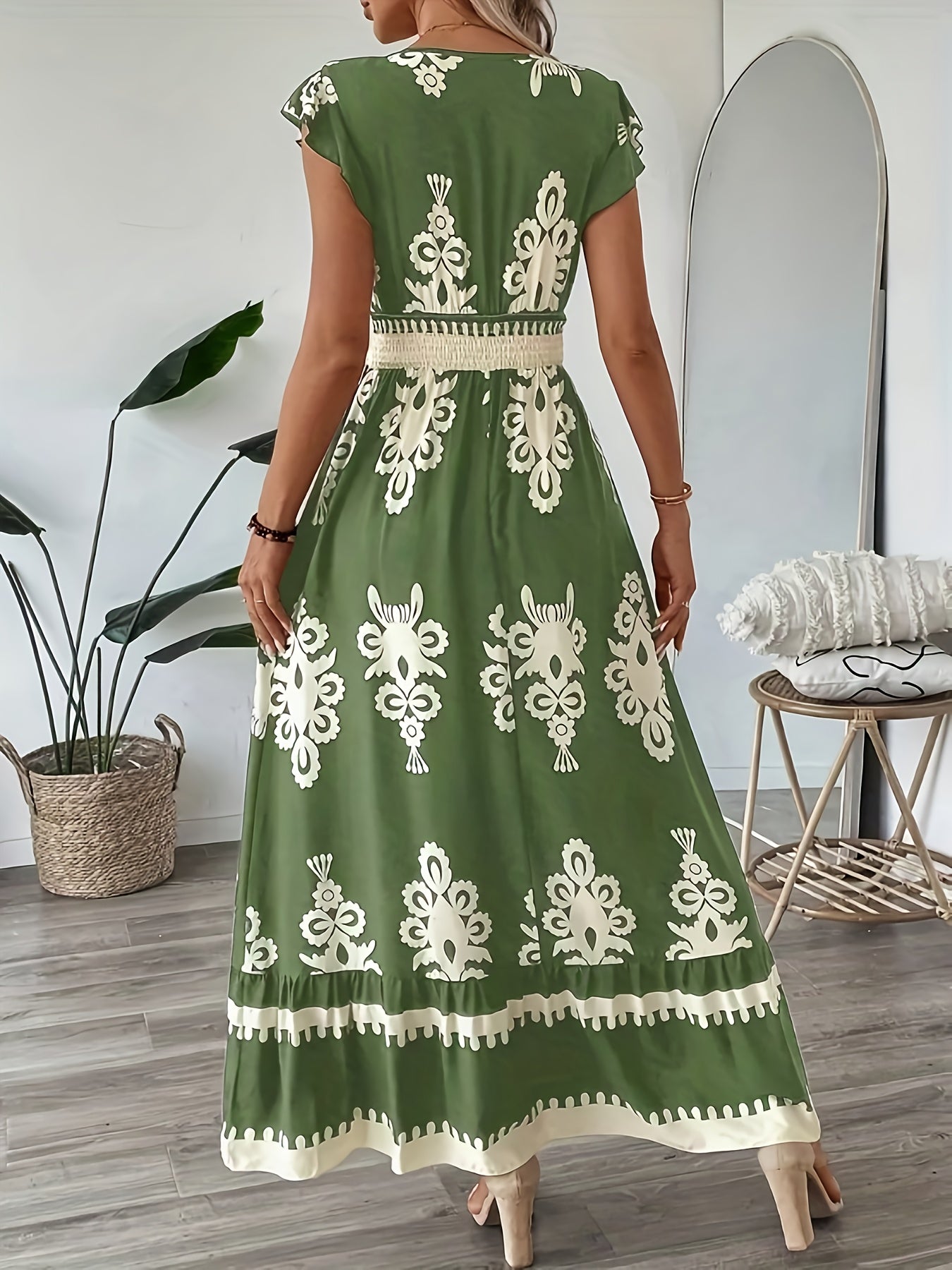 V Neck Trimmed Slim Fit Short Sleeved Belted Satin Ribbon Hem A Line Casual Women's Vacation Dress - Sales Savvy Shop