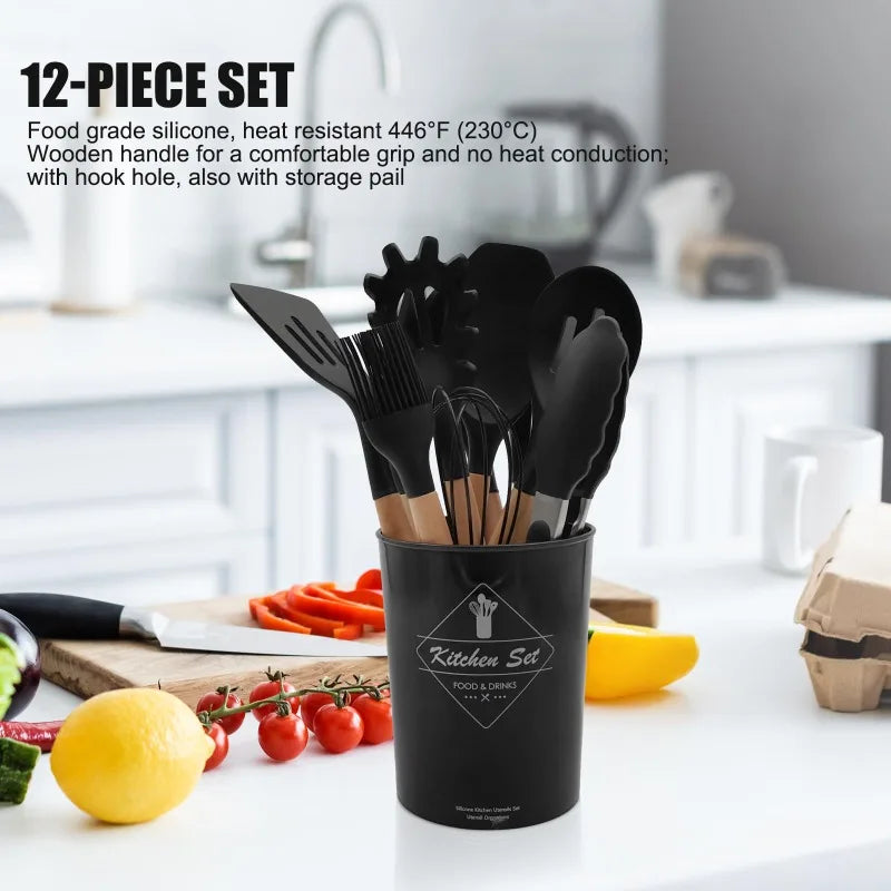 Silicone Cooking Utensils Set of 12 With Solid Wood Handles and Holder Bucket - Sales Savvy Shop