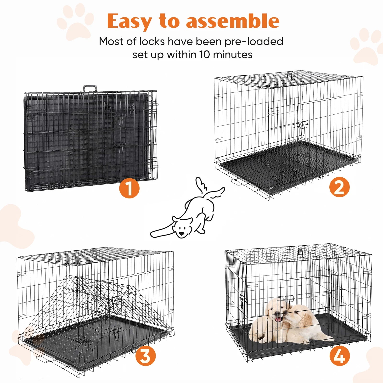 JHK Double Door Folding Metal Wire Dog Cage with Plastic Leak Proof Pan Tray Extra Large Pet Kennel for Indoor Outdoor Travel - Sales Savvy Shop