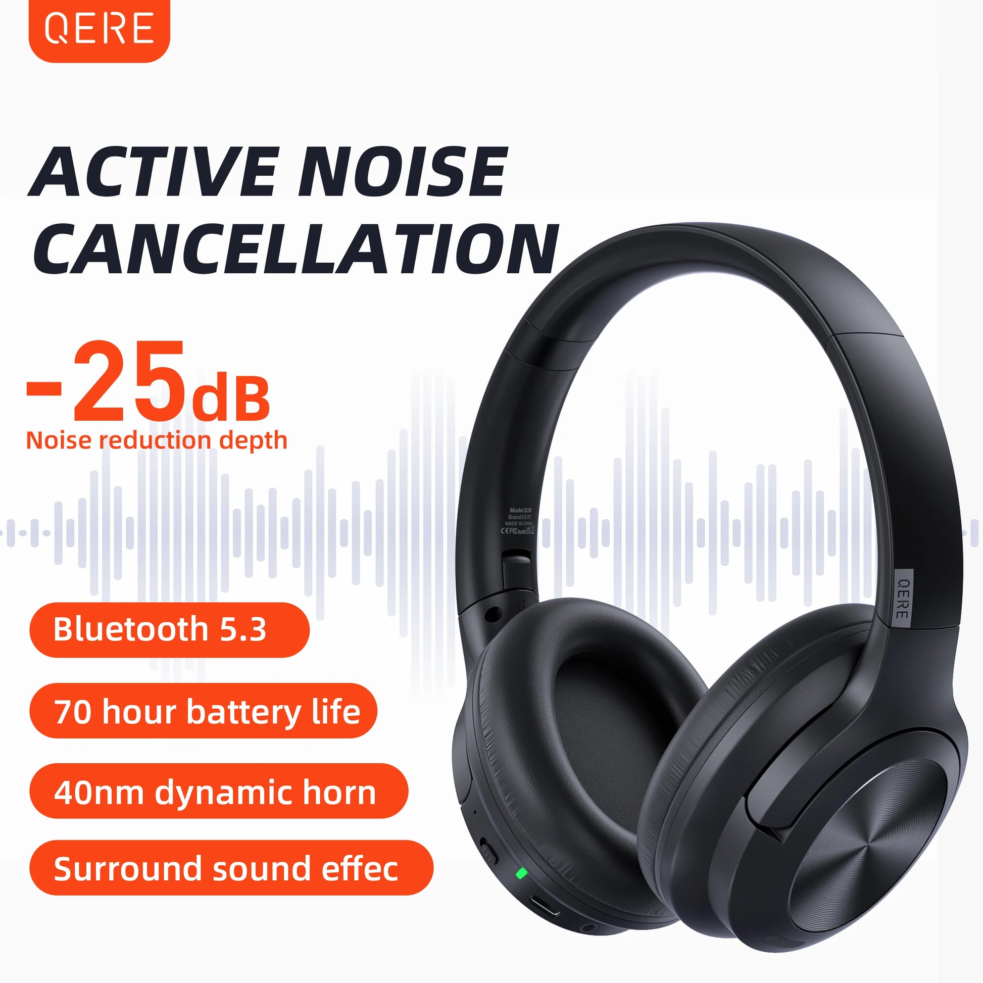 Wireless Headphones QERE E80 Bluetooth 5.3 ANC Noise Cancellation Hi-Res Audio Over Ear Headset 70 Hours Battery Life 40mm Driver - Sales Savvy Shop