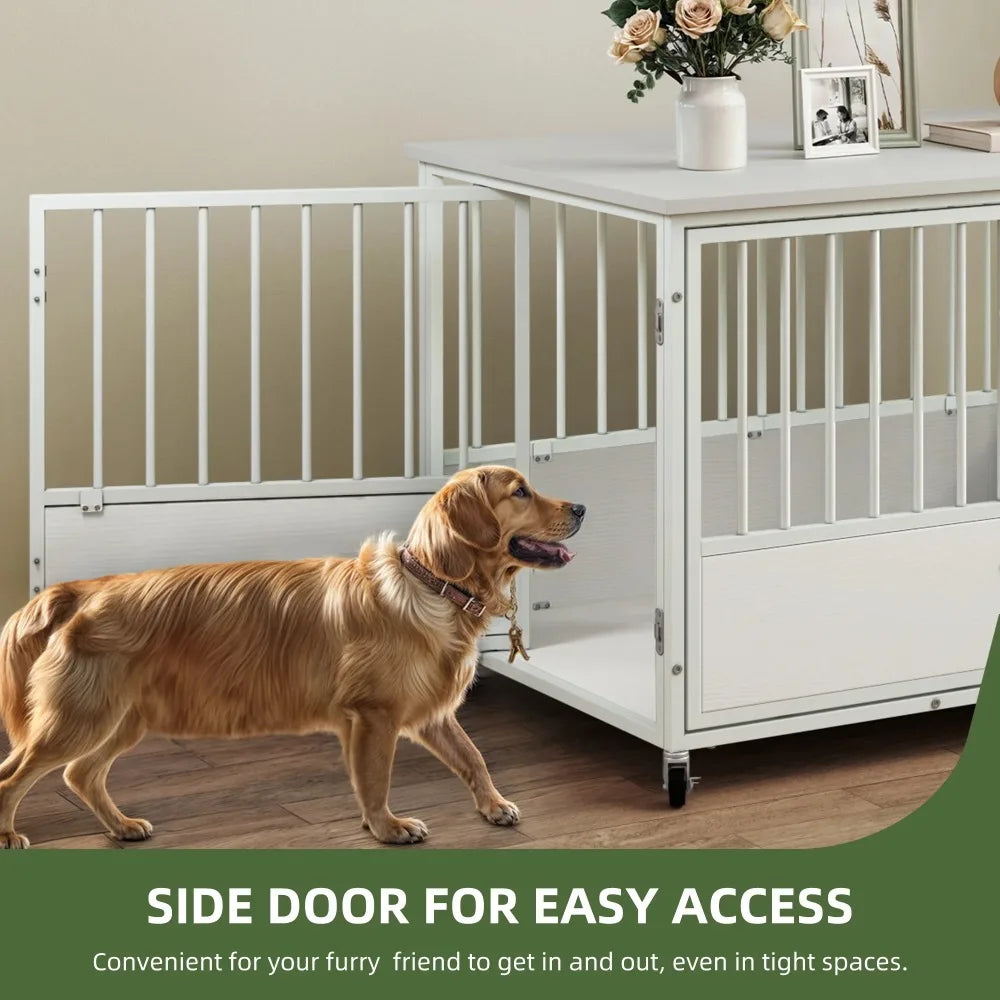 43 Inch Wooden Dog Crate Furniture with Wheels and Double Doors Indoor Dog Kennel White - Sales Savvy Shop