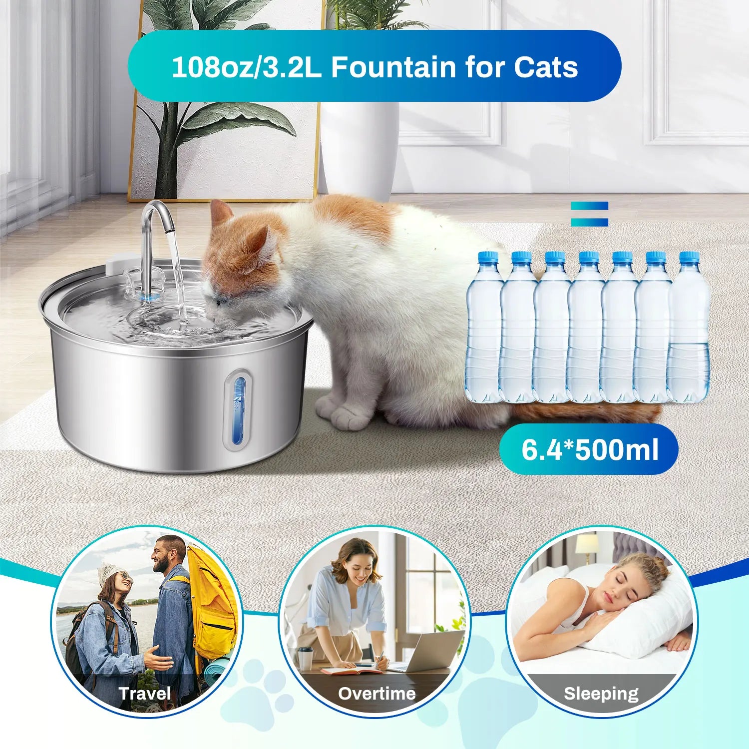 Cat Water Fountain Stainless Steel 108oz 3.2L Pet Water Fountain With Ultra Quiet Pump Filtration System Water Level Window - Sales Savvy Shop