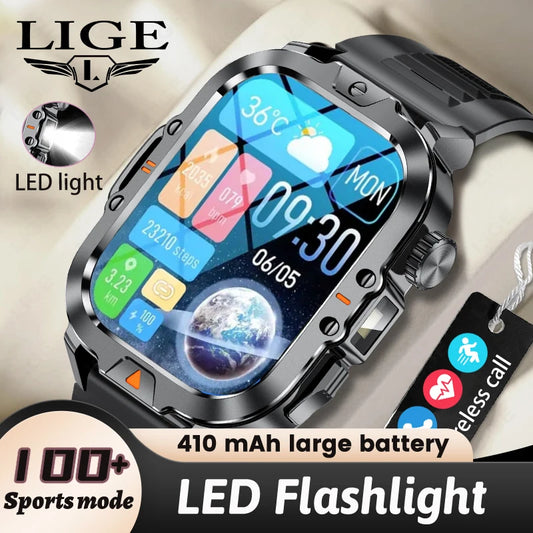 LIGE 2.01 Inch HD Screen Men's Smart Watch with Flashlight IP68 Waterproof Health Monitor and Call Function