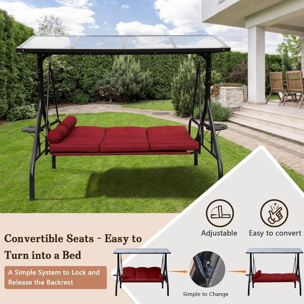Outdoor Porch Swing with Polycarbonate Hardtop 3 Seat Patio Swing with Convertible Backrest and 2 Side Cup Holders in Wine Red - Sales Savvy Shop