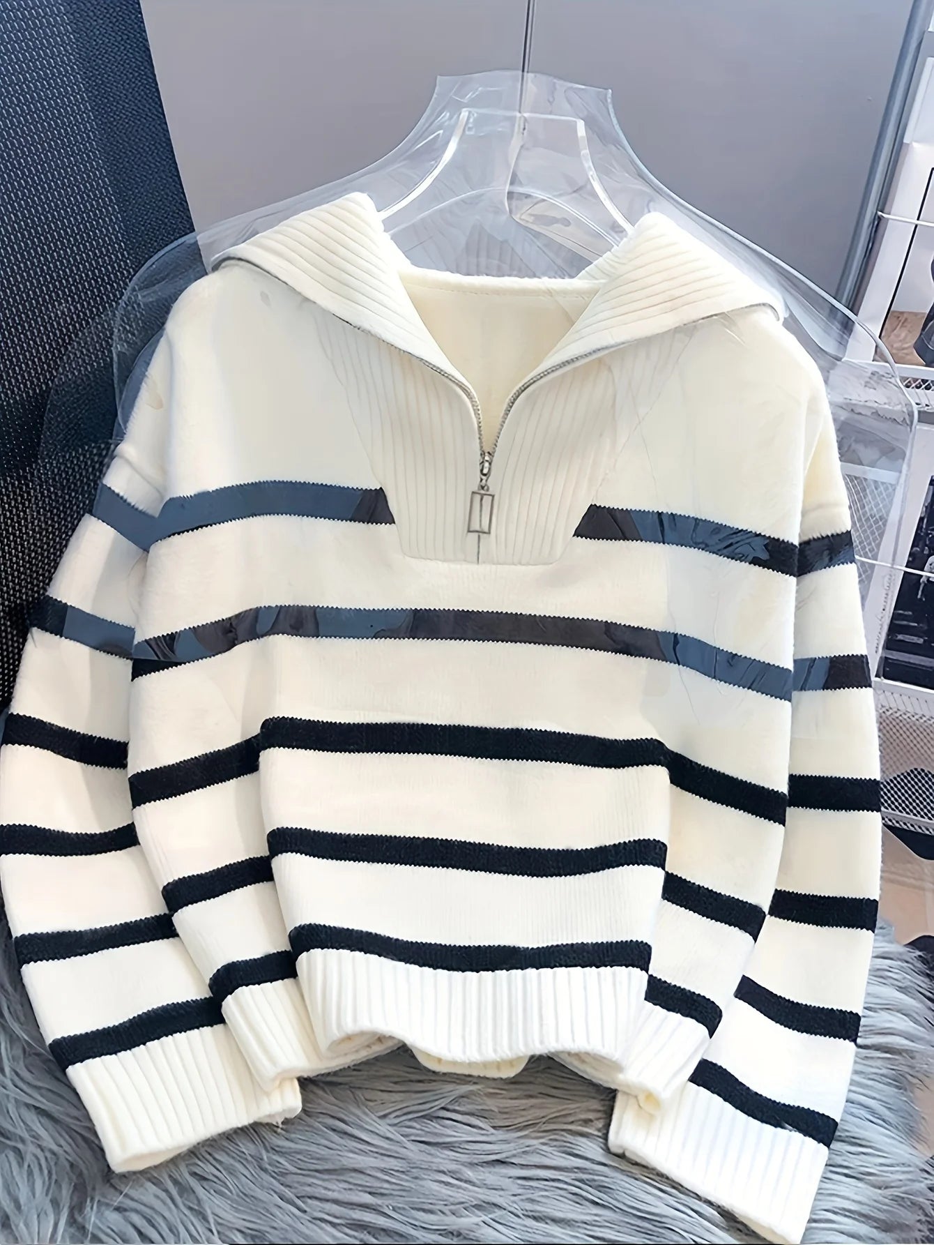 Winter Thickened Striped Zipper Pullover Sweater Women - Sales Savvy Shop