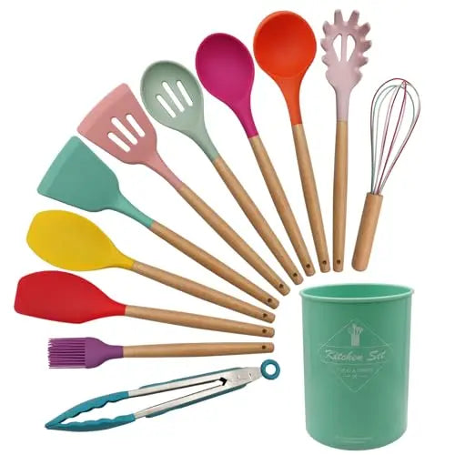 Silicone Cooking Utensils Set of 12 With Solid Wood Handles and Holder Bucket - Sales Savvy Shop