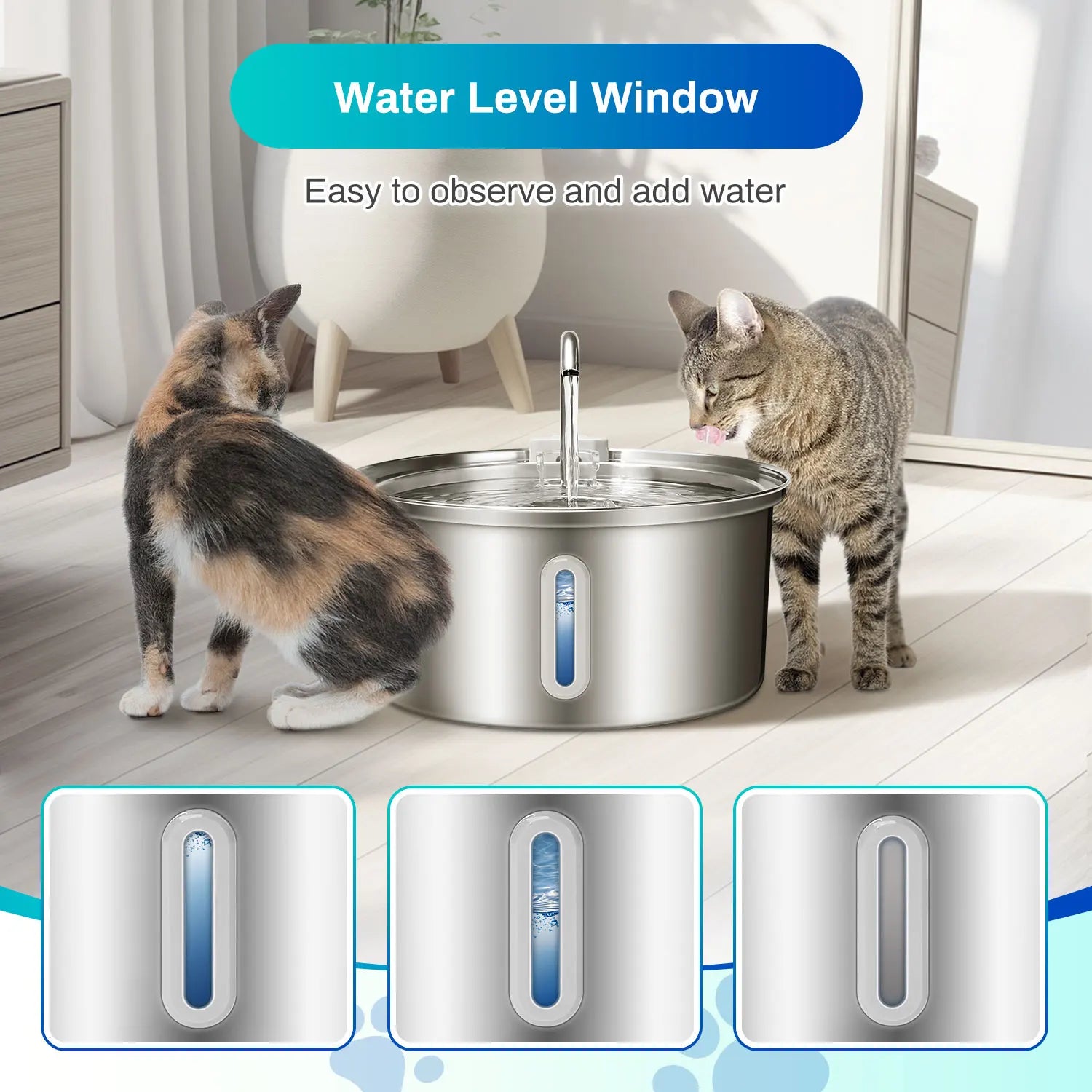 Cat Water Fountain Stainless Steel 108oz 3.2L Pet Water Fountain With Ultra Quiet Pump Filtration System Water Level Window - Sales Savvy Shop