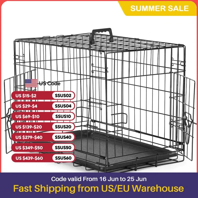 JHK Double Door Folding Metal Wire Dog Cage with Plastic Leak Proof Pan Tray Extra Large Pet Kennel for Indoor Outdoor Travel - Sales Savvy Shop