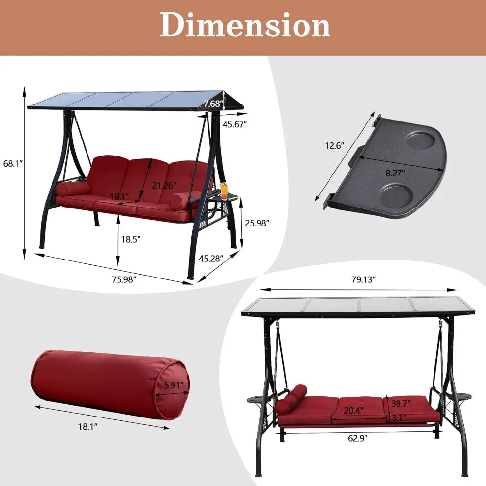 Outdoor Porch Swing with Polycarbonate Hardtop 3 Seat Patio Swing with Convertible Backrest and 2 Side Cup Holders in Wine Red - Sales Savvy Shop