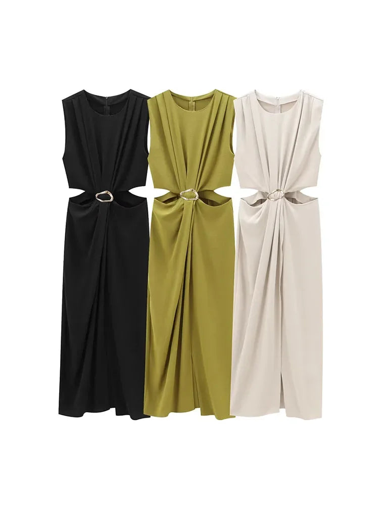 Women's 2025 Autumn Winter Sleeveless Long Dress Buckle - Sales Savvy Shop