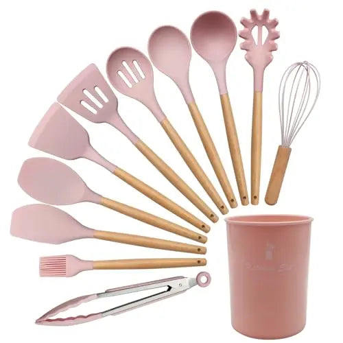 Silicone Cooking Utensils Set of 12 With Solid Wood Handles and Holder Bucket - Sales Savvy Shop