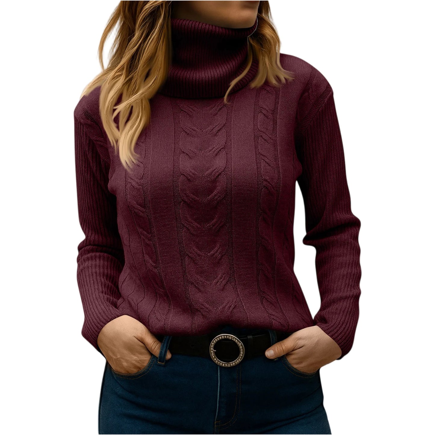 Women's Color High Neck Long Sleeve Knit Pullover Sweater - Sales Savvy Shop