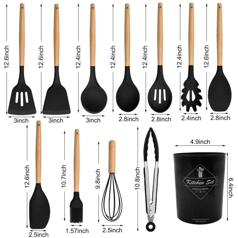 Silicone Cooking Utensils Set of 12 With Solid Wood Handles and Holder Bucket - Sales Savvy Shop