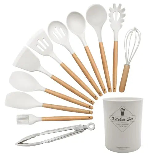 Silicone Cooking Utensils Set of 12 With Solid Wood Handles and Holder Bucket - Sales Savvy Shop
