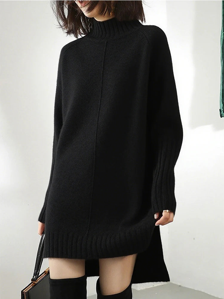 Women Black Long Sleeve Knit Sweater Dress Half Turtleneck - Sales Savvy Shop