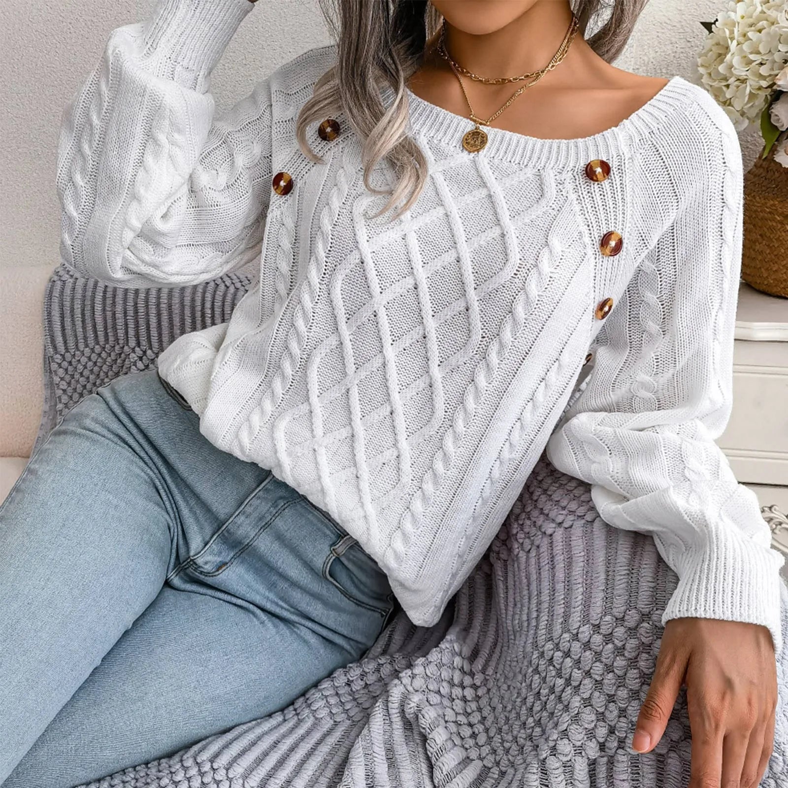 Women's Solid Color Square Neck Button Cable Knit Pullover - Sales Savvy Shop