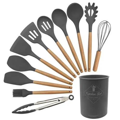 Silicone Cooking Utensils Set of 12 With Solid Wood Handles and Holder Bucket - Sales Savvy Shop