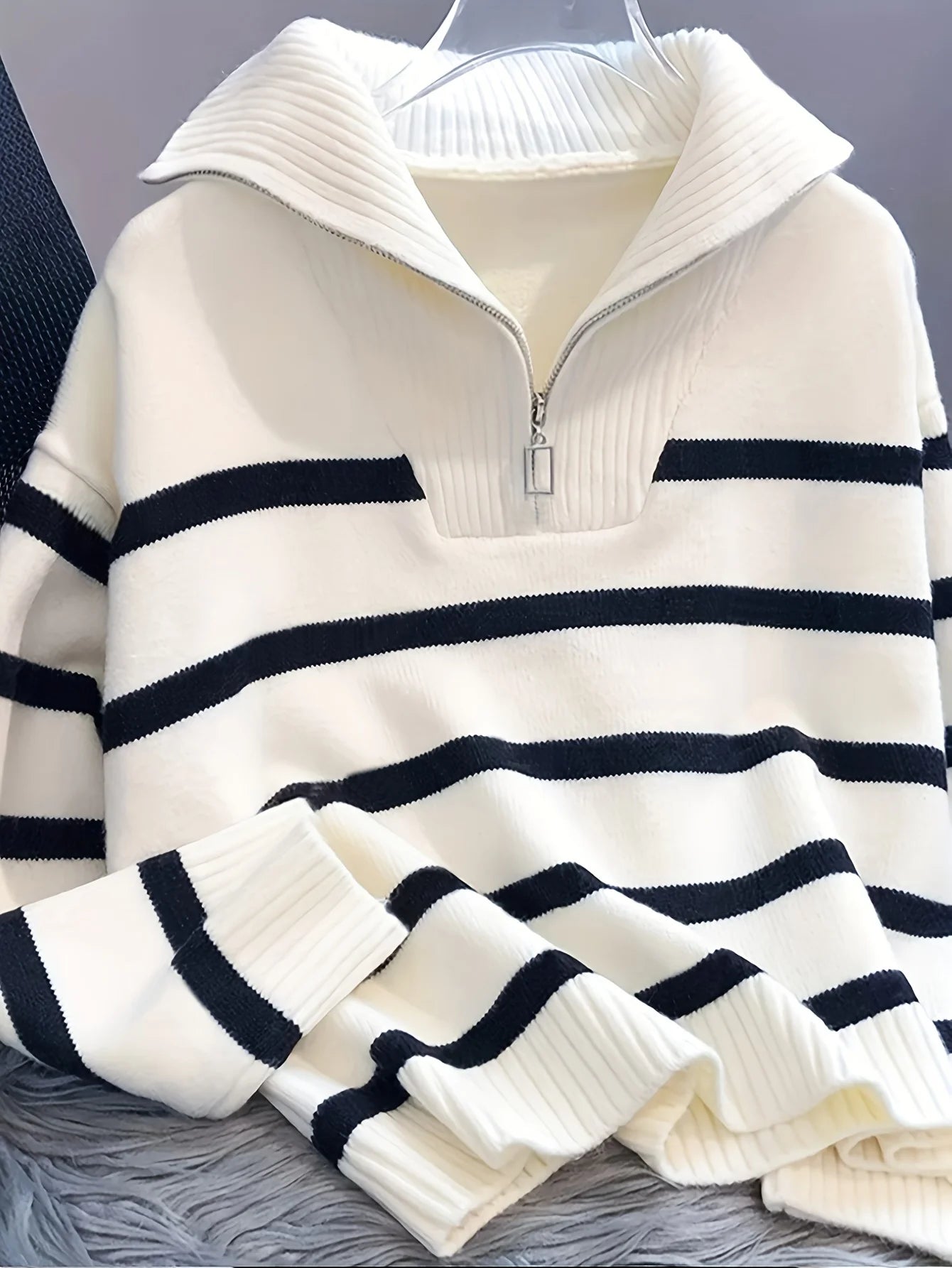 Winter Thickened Striped Zipper Pullover Sweater Women - Sales Savvy Shop