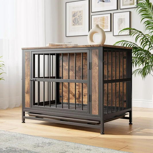 32.8 Inch Wooden Dog Crate Furniture Indoor Pet Kennel with 2 Sliding Doors and Pull-Out Tray Stylish Design for Home Decor
