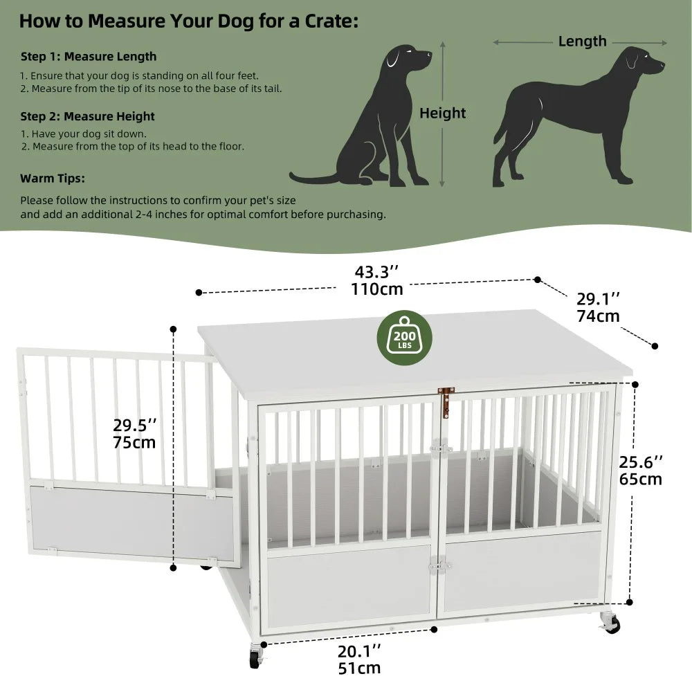 43 Inch Wooden Dog Crate Furniture with Wheels and Double Doors Indoor Dog Kennel White - Sales Savvy Shop