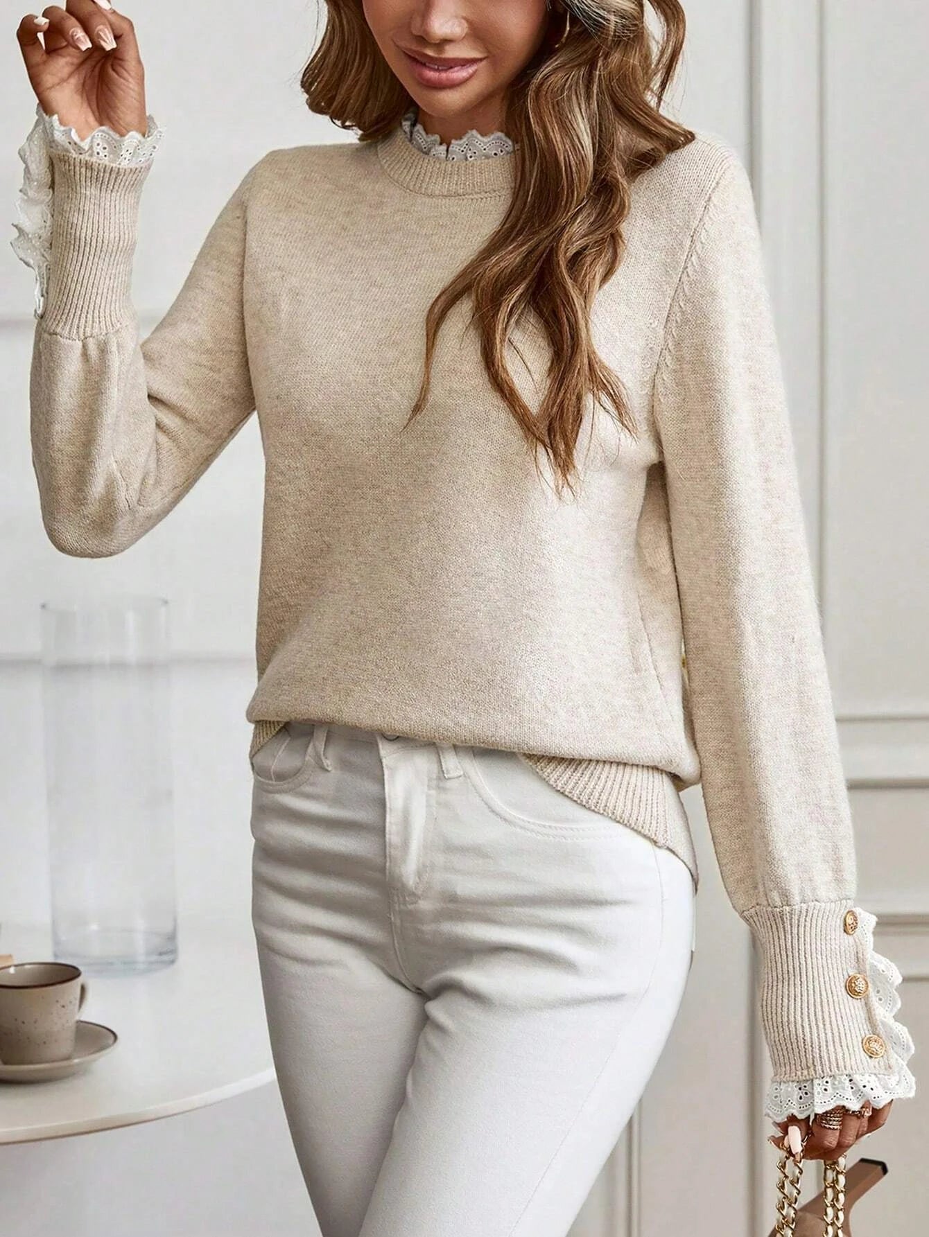 Autumn Winter Knit Top Lace Patchwork High Neck For Women - Sales Savvy Shop