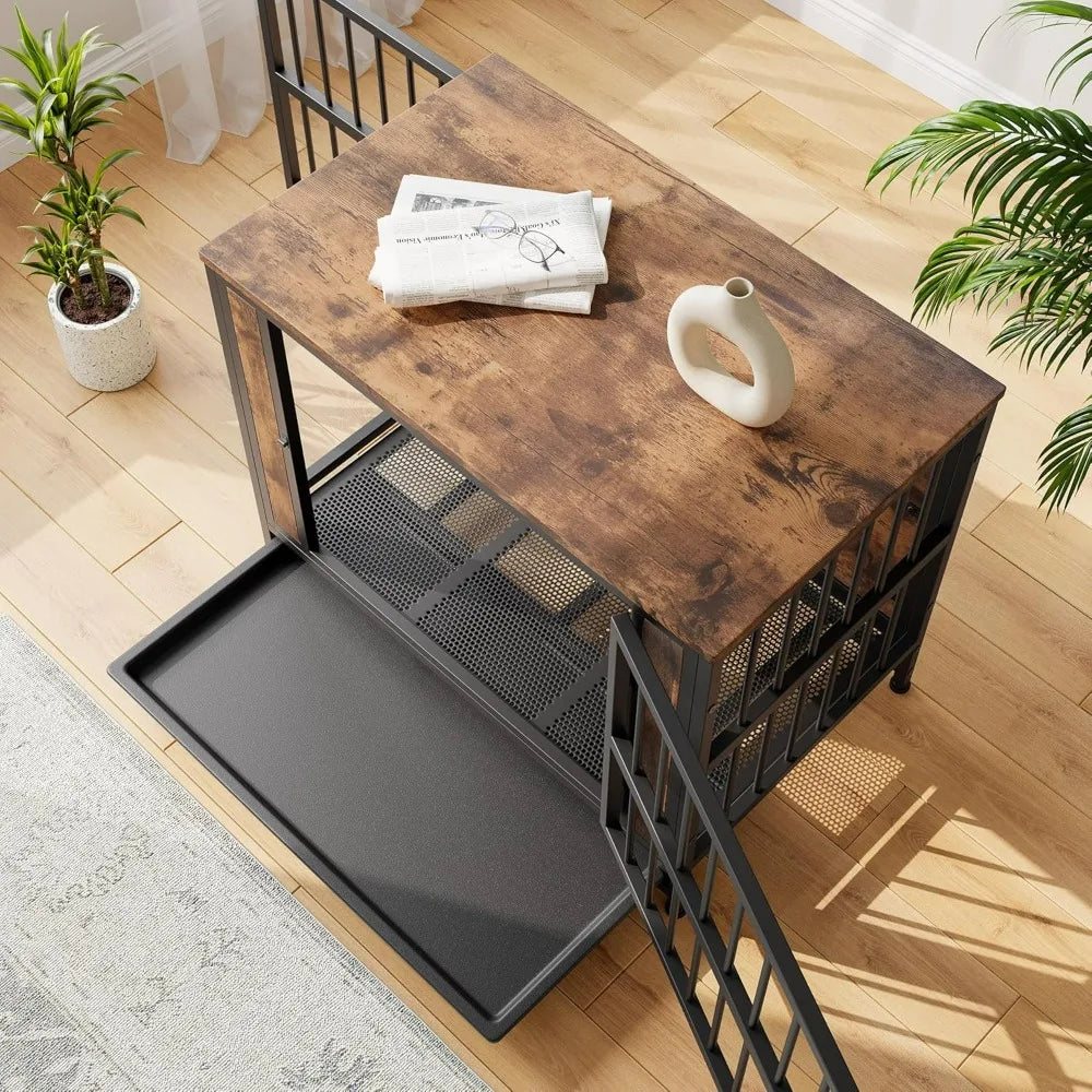 32.8 Inch Wooden Dog Crate Furniture Indoor Pet Kennel with 2 Sliding Doors and Pull-Out Tray Stylish Design for Home Decor - Sales Savvy Shop