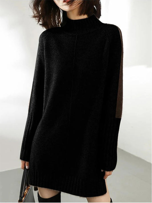 Women Black Long Sleeve Knit Sweater Dress Half Turtleneck - Sales Savvy Shop