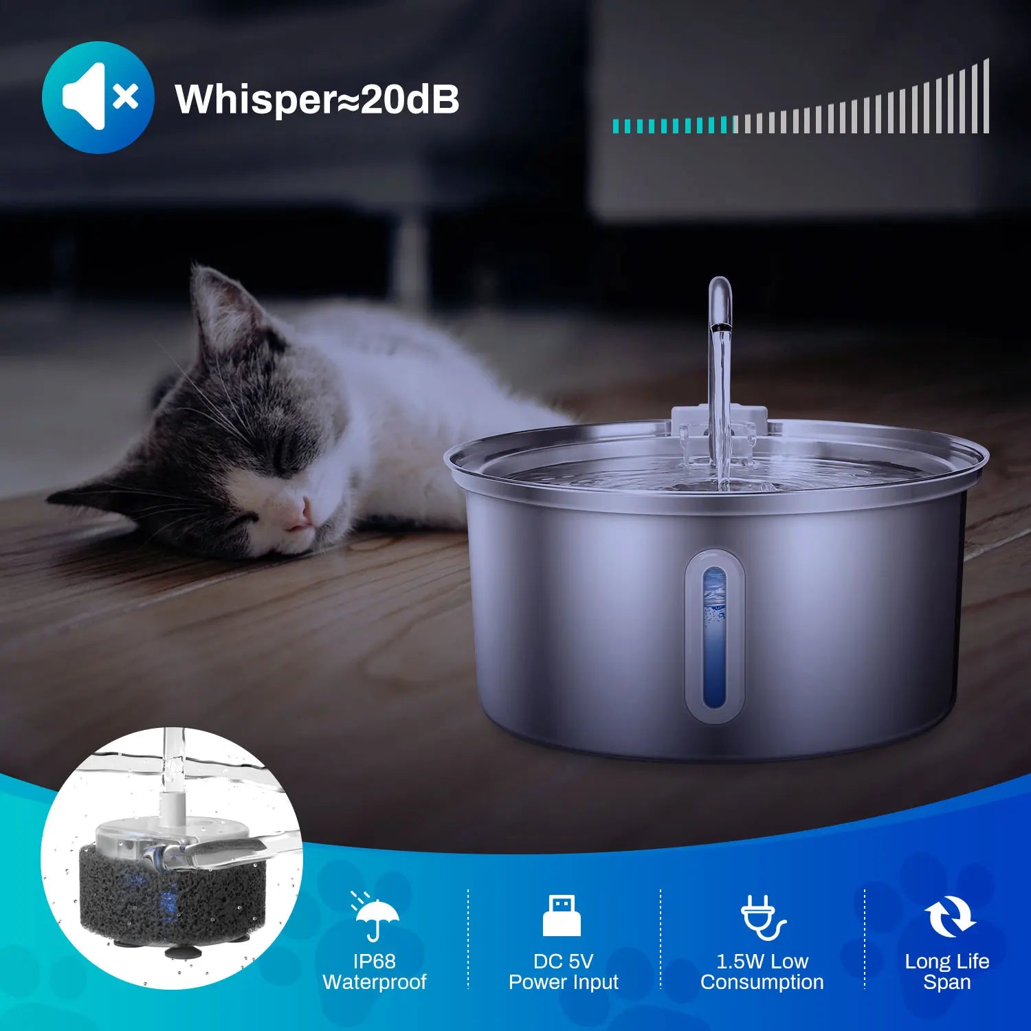 Cat Water Fountain Stainless Steel 108oz 3.2L Pet Water Fountain With Ultra Quiet Pump Filtration System Water Level Window - Sales Savvy Shop