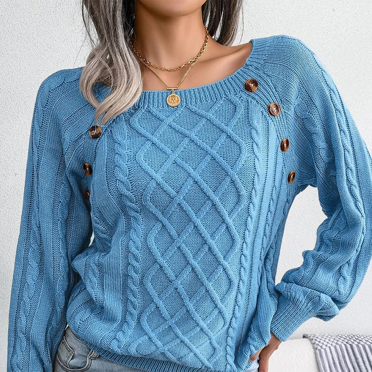 Women's Solid Color Square Neck Button Cable Knit Pullover - Sales Savvy Shop