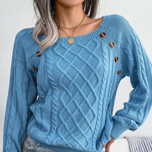 Women's Solid Color Square Neck Button Cable Knit Pullover - Sales Savvy Shop