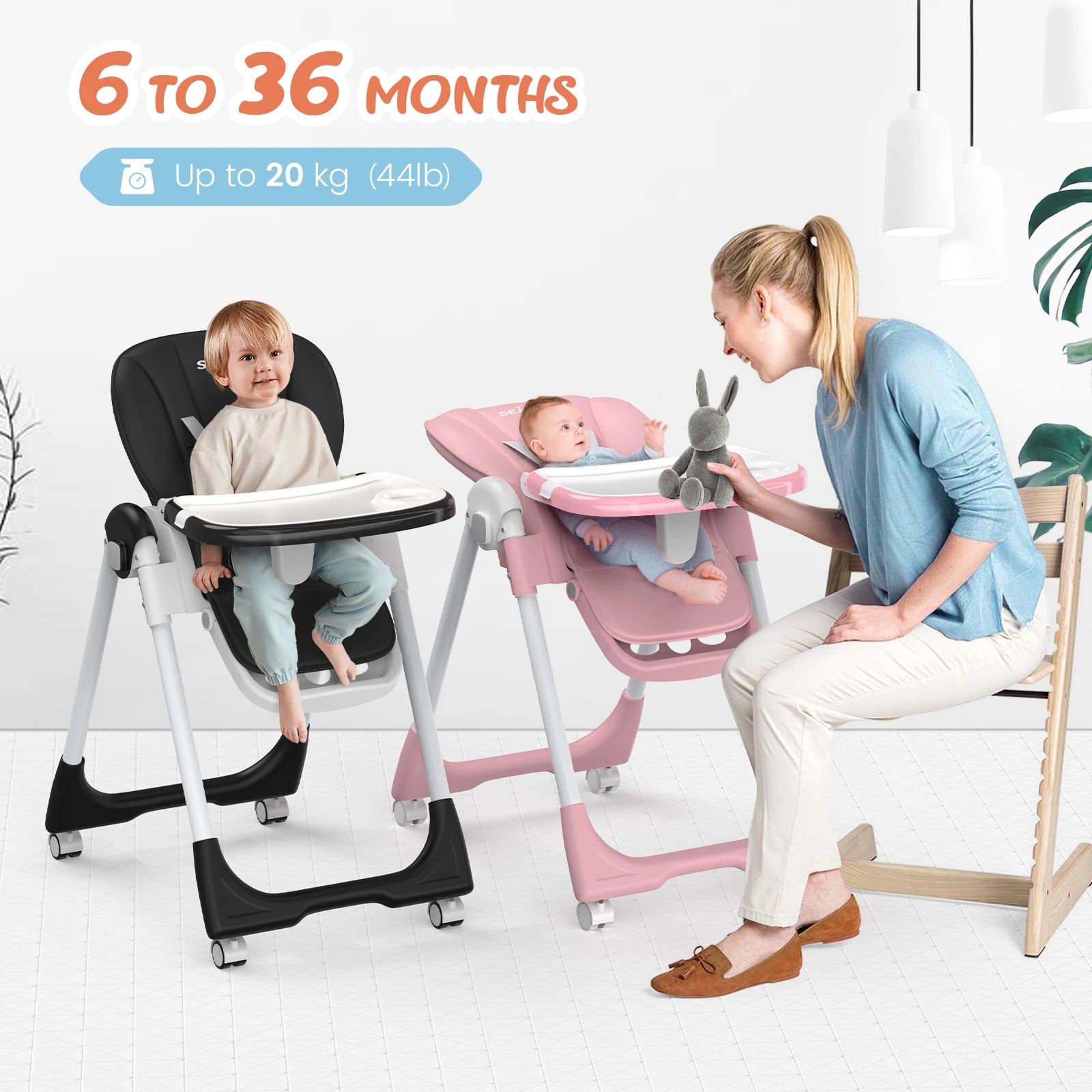 Sejoy Adjustable Baby High Chair with 5 Point Harness 3 Tier Tray and Wheels CE CPC Certified Children's Dining Chair - Sales Savvy Shop